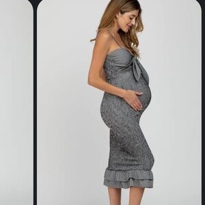 Black Gingham Print Smocked Fitted Self-Tie Maternity Midi Dress